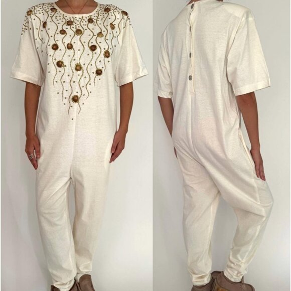 80s white embellished hand painted glitter seashell cotton pant jumpsuit romper - Picture 1 of 10